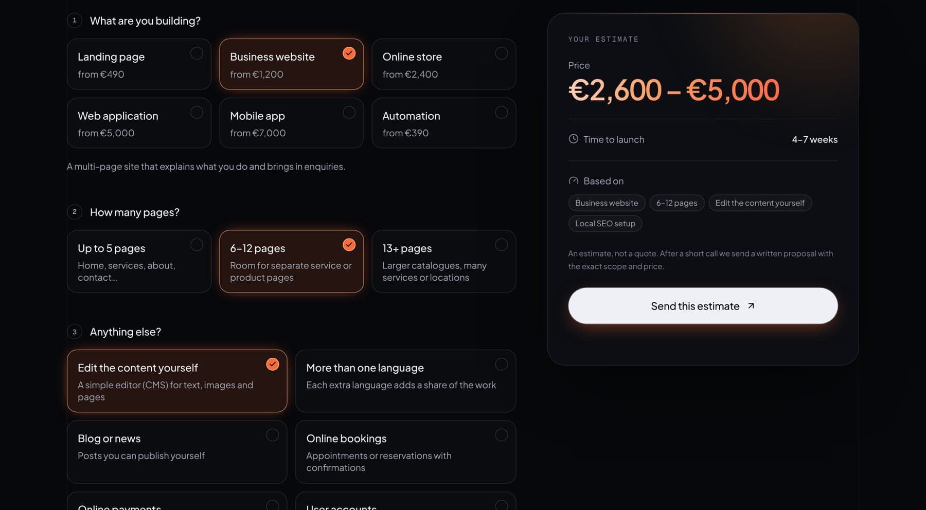 The project estimator with a business website selected and the estimated price and time on the right.
