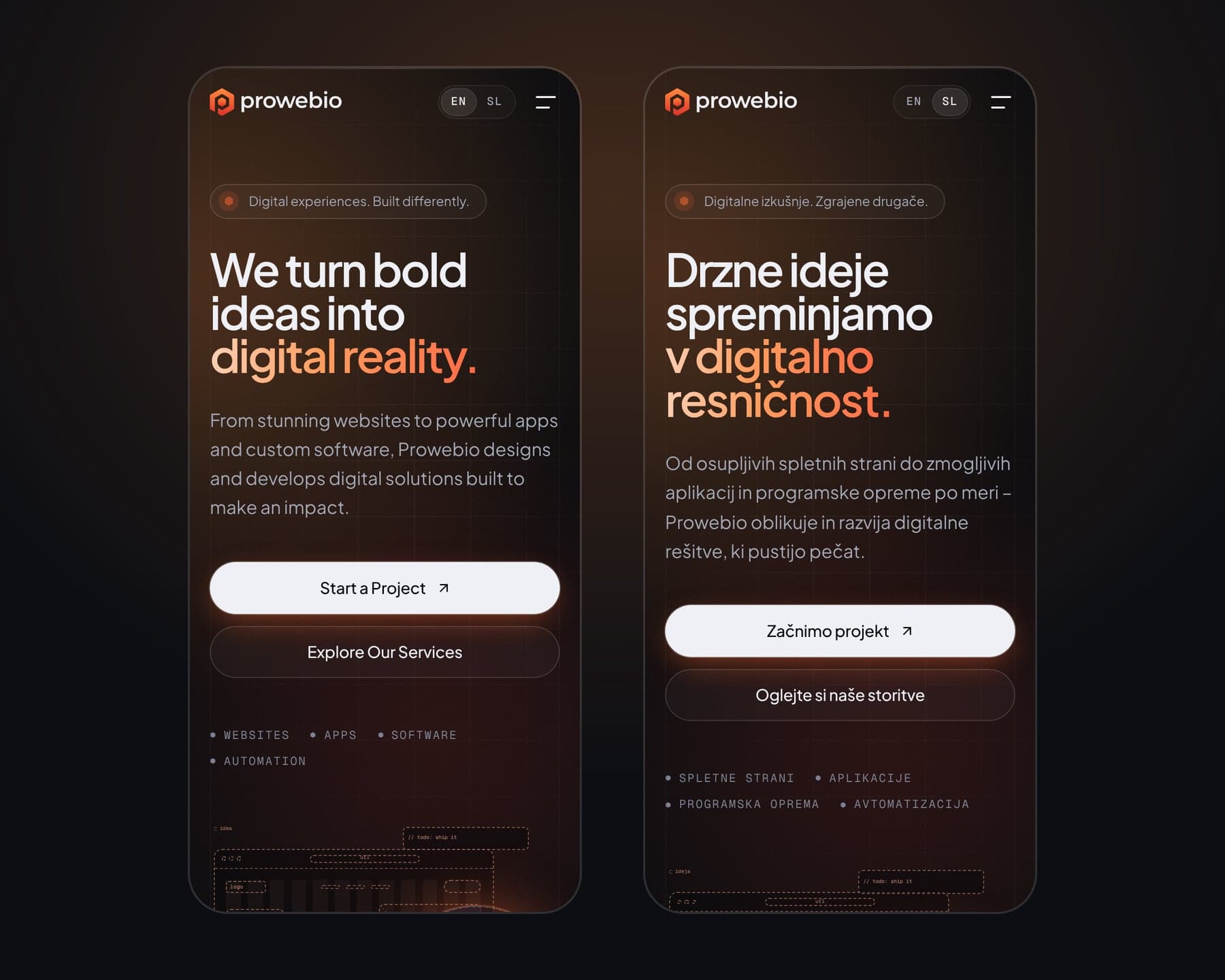 The same page on a phone in English and in Slovenian, side by side.